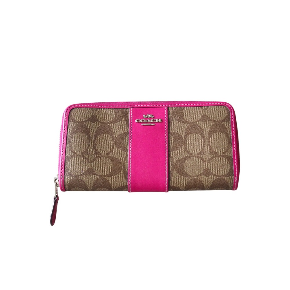 Coach Heritage Stripe Brown Magenta Pink Accordion Zip Wallet Preppy OS Good